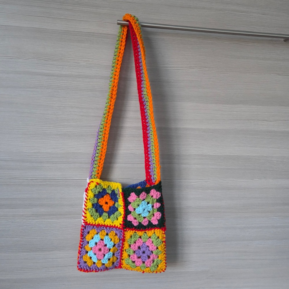 Handmade Crochet Granny Square Bag Women Small Boho Hippie Retro 70s Festival